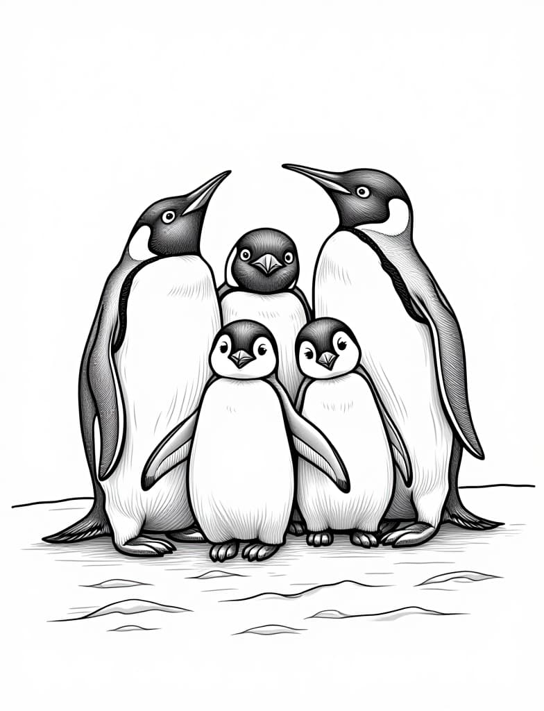  this is for an adult coloring page. a detailed black and white line art of a snowy family of penguins huddled together on an icy surface on a solid white background.