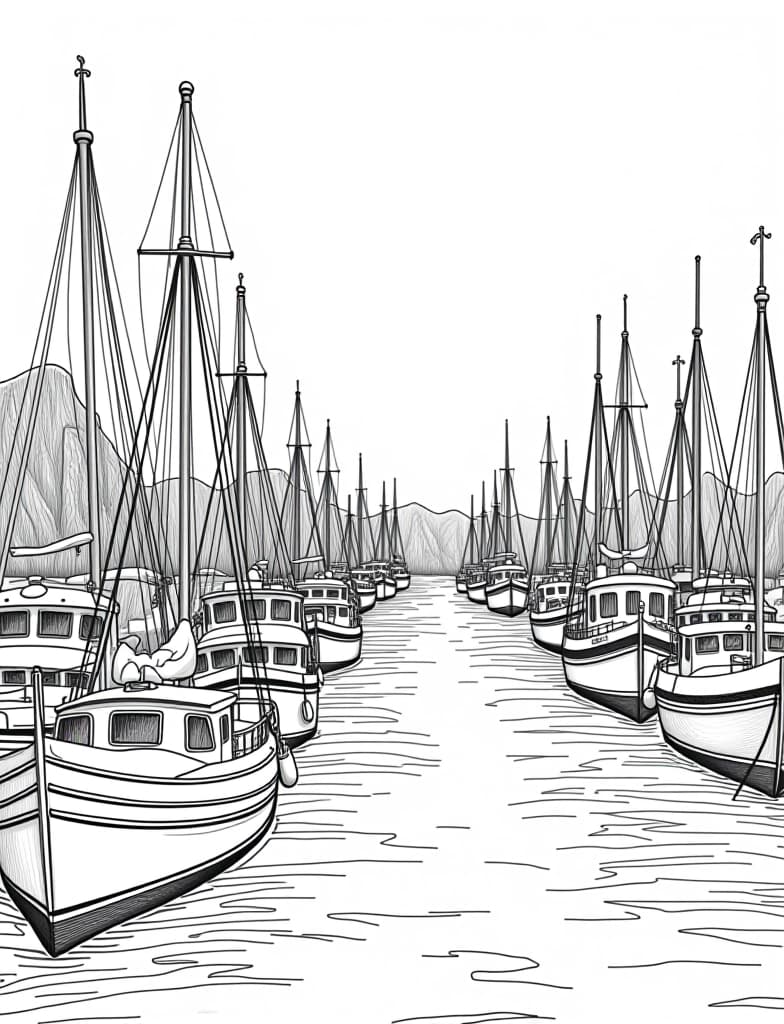  this is for an adult coloring page. a detailed black and white line art of a snowy snowy harbor with boats covered in ice on a solid white background.