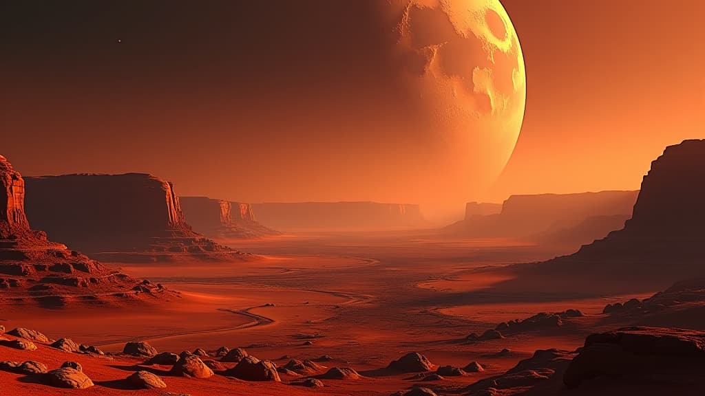  a digital visualization of mars, the red planet, depicting its rugged landscape and potential for exploration in the backdrop of space. hyperrealistic, full body, detailed clothing, highly detailed, cinematic lighting, stunningly beautiful, intricate, sharp focus, f/1. 8, 85mm, (centered image composition), (professionally color graded), ((bright soft diffused light)), volumetric fog, trending on instagram, trending on tumblr, HDR 4K, 8K