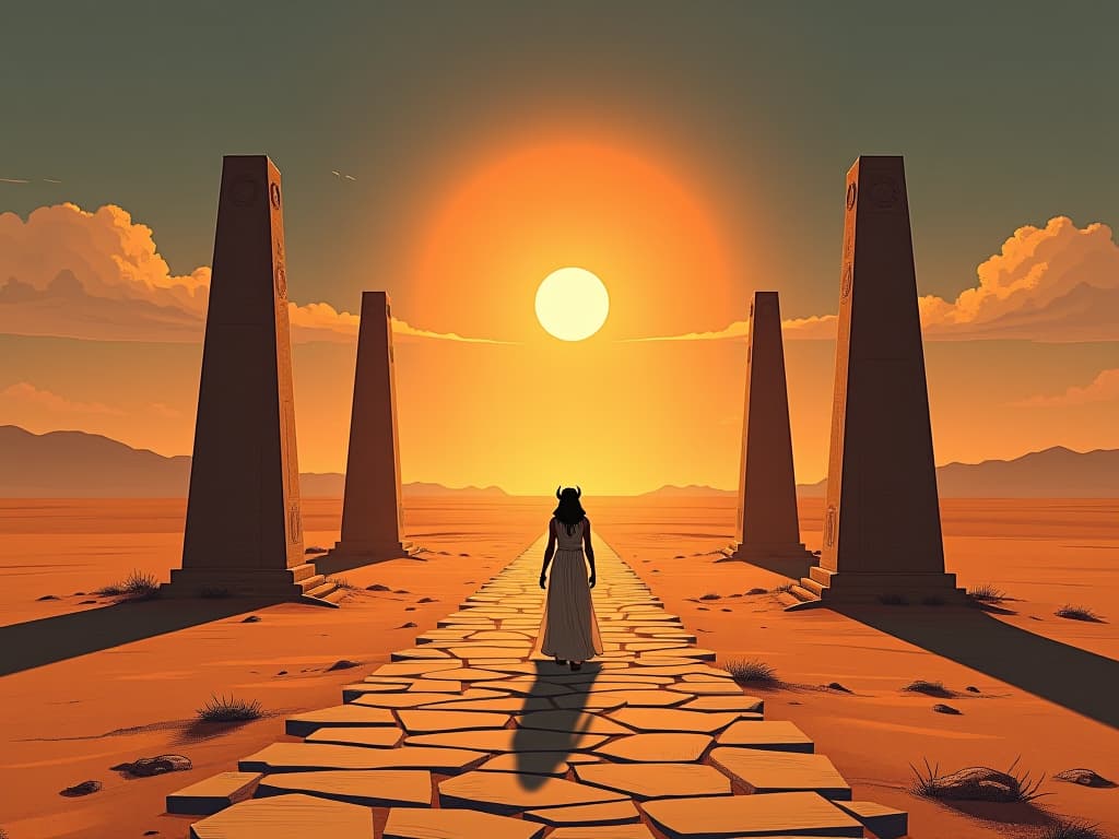  a crossroad in the desert, marked by ancient obelisks, a person choosing a path, radiant horizon ahead, mood of determination and new direction. the style is digital art illustration / modern comic book / mysterious occult, symbolic, esoteric vibe,high detail on character design, incorporating ancient egyptian symbology and attire.