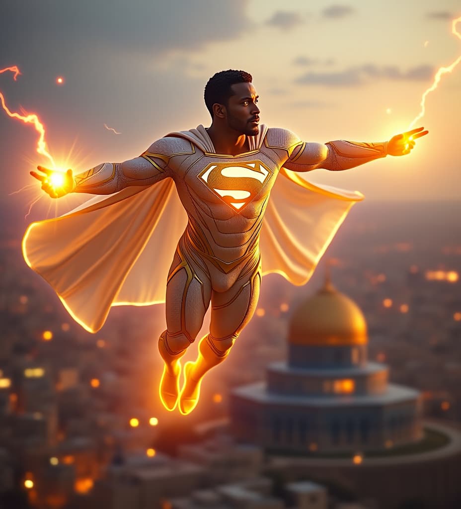  african superman king priest, flying above the dome of the rock in jerusalem, his cape is radiant iridescent golden, electric blue, magenta, iridescent, translucent, gold mli foil transparent iridescent lightsail cape. his suit is pearl white and golden glowing iridescent, gold, golden shining energy armor, iridescent glowing illuminated gold "s" on chest, kamehameha plasma power sphere lightning solar fireballs glowing from his fists. glowing iridescent lightning eyes, short curly temple fade black hair on head, white platinum goatee beard.