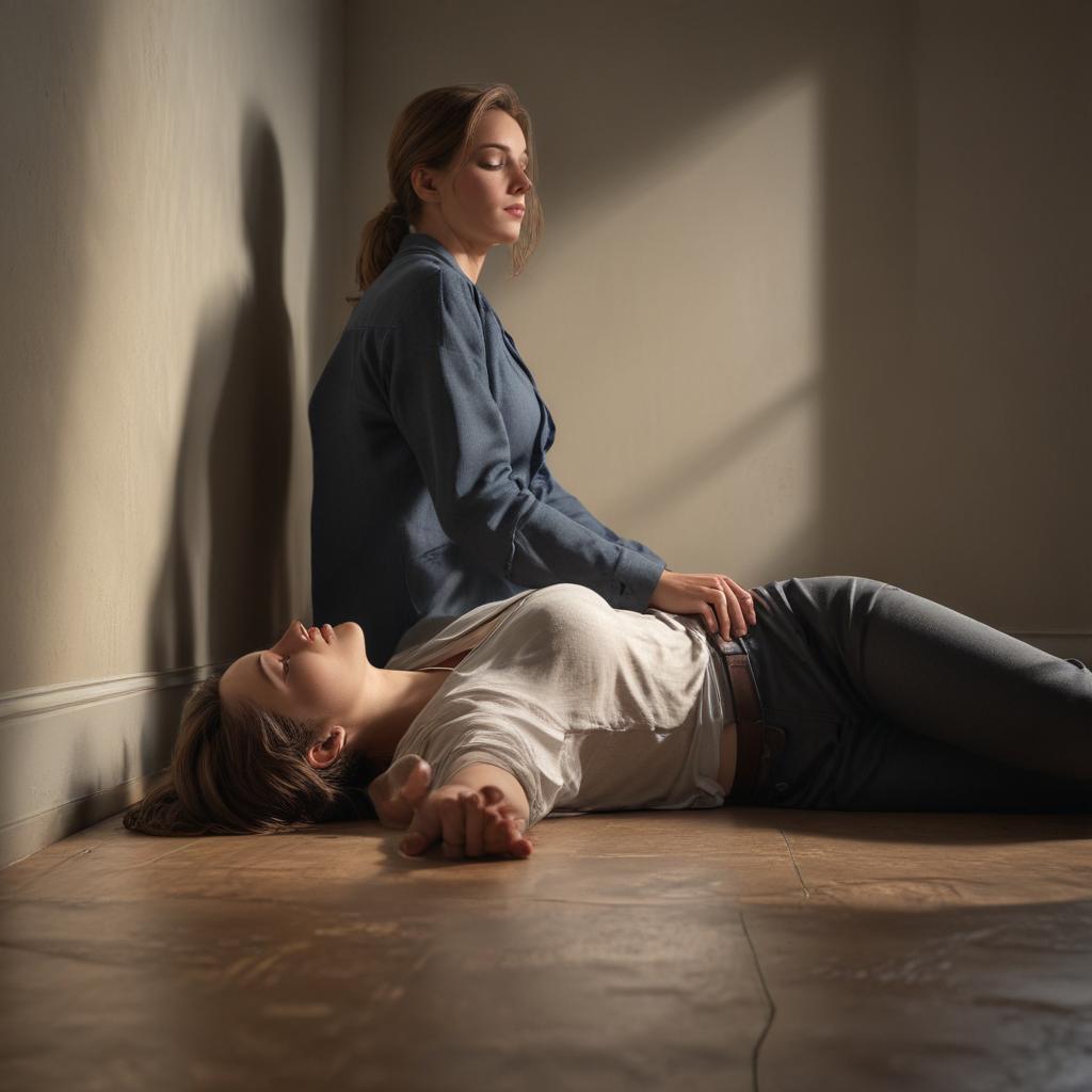 ((masterpiece)),(((best quality))), 8k, high detailed, ultra detailed, A man lying on the floor face up, a woman lying on top of the man, (shadows cast on the walls) hyperrealistic, full body, detailed clothing, highly detailed, cinematic lighting, stunningly beautiful, intricate, sharp focus, f/1. 8, 85mm, (centered image composition), (professionally color graded), ((bright soft diffused light)), volumetric fog, trending on instagram, trending on tumblr, HDR 4K, 8K