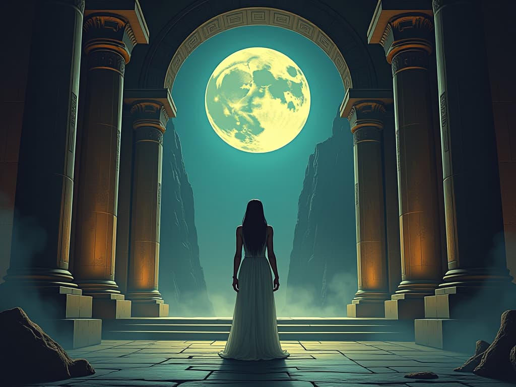  ancient temple lit by the full moon, large busted priestess in a sheer robe standing in the entrance, path of transformation illuminated, aura of divine guidance. the style is digital art illustration / modern comic book / mysterious occult, symbolic, esoteric vibe,high detail on character design, incorporating ancient egyptian symbology and attire.