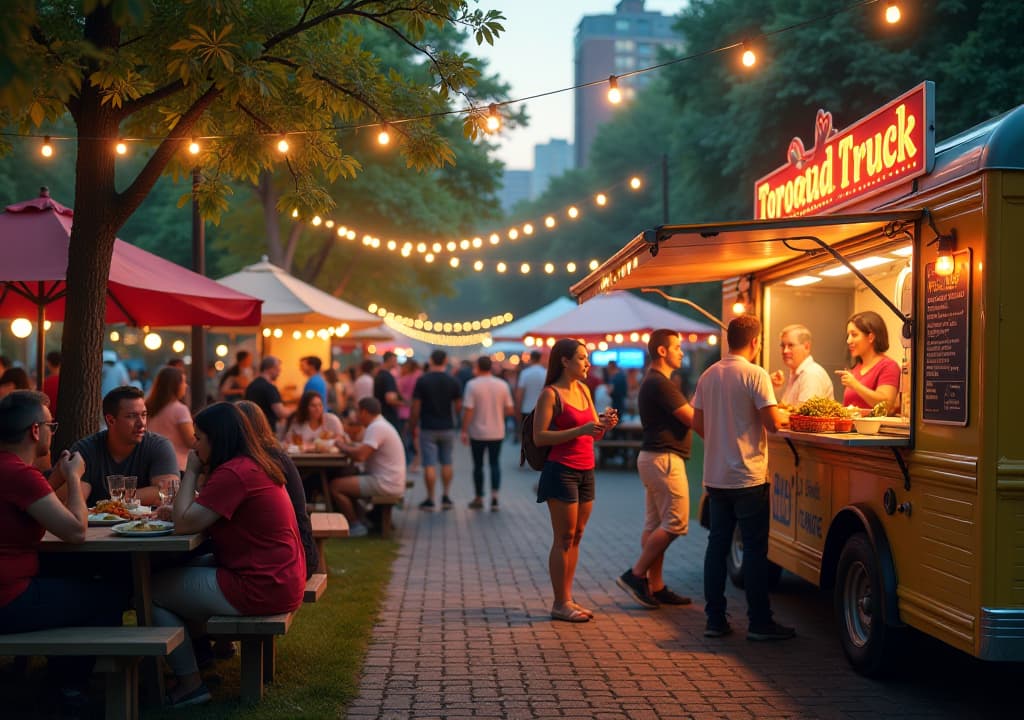  a lively scene showcasing a variety of food trucks at the toronto food truck festival, with vibrant vendors serving gourmet dishes, people enjoying delicious meals at picnic tables, and a local eatery with a cozy atmosphere filled with diners savoring their food, all set against a colorful backdrop of food and community spirit. hyperrealistic, full body, detailed clothing, highly detailed, cinematic lighting, stunningly beautiful, intricate, sharp focus, f/1. 8, 85mm, (centered image composition), (professionally color graded), ((bright soft diffused light)), volumetric fog, trending on instagram, trending on tumblr, HDR 4K, 8K