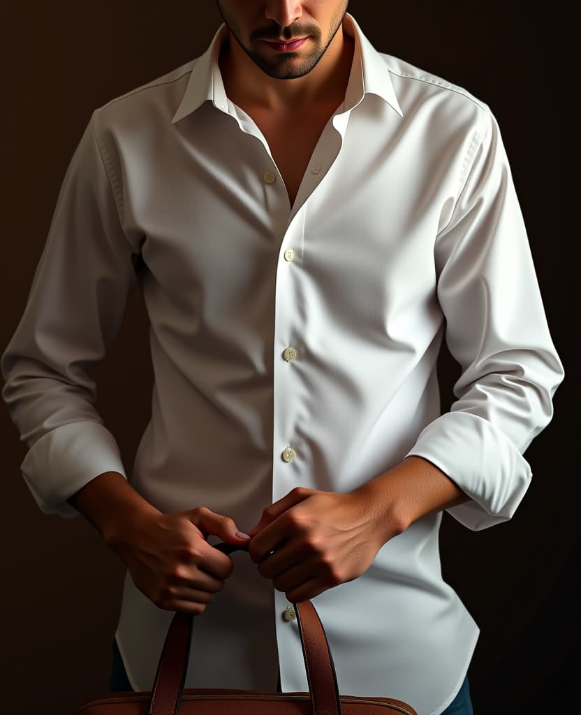  hdr photo of man, wearing a white shirt around his waist, dark brown background, model, putting into a bag . high dynamic range, vivid, rich details, clear shadows and highlights, realistic, intense, enhanced contrast, highly detailed