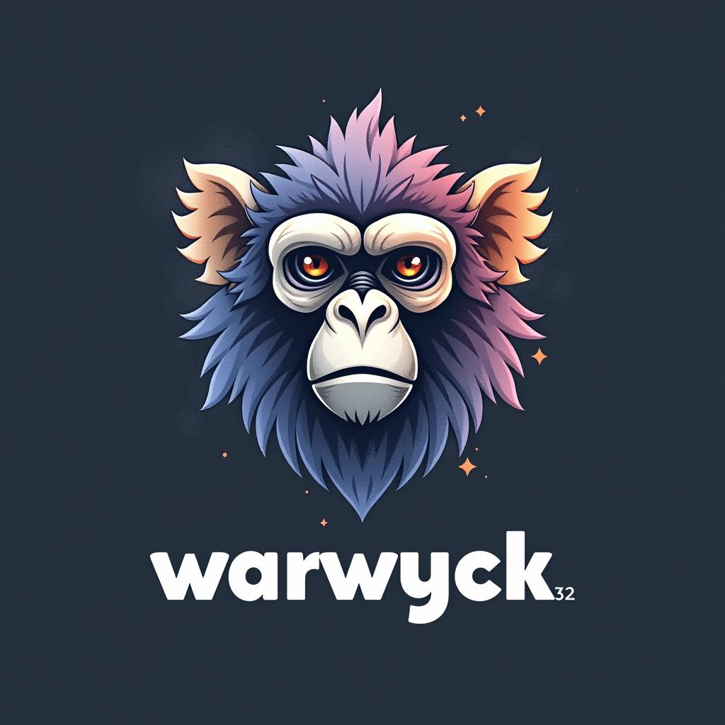  design a logo, in a watercolor style. robotic ape, with the text 'warwyck 32'.