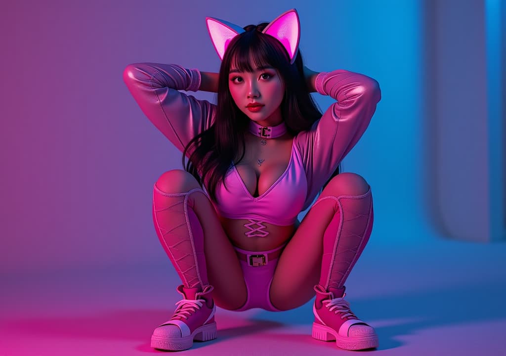  a photo realistic 40 asian cosplaying as a cat , squatting with her hands behind her head and looking ly and her outfit is vint and eye catching. her body captures her beauty and the lively colors of her clothing, making it an interesting and visually appealing piece of art. beautiful perfect eyes, perky big s, a korean goddess, geometric shapes, bold colors, dynamic composition,beautiful perfect eyes, perky s, a korean goddess . cyberpunk, vaporwave, neon, vibes, vint, stunningly beautiful, crisp, detailed, sleek, ultramodern, magenta highlights, dark purple shadows, high contrast, cinematic, ultra detailed, intricate, professional, (masterpiece), (best quality), (ultra detailed), she is a cat , 