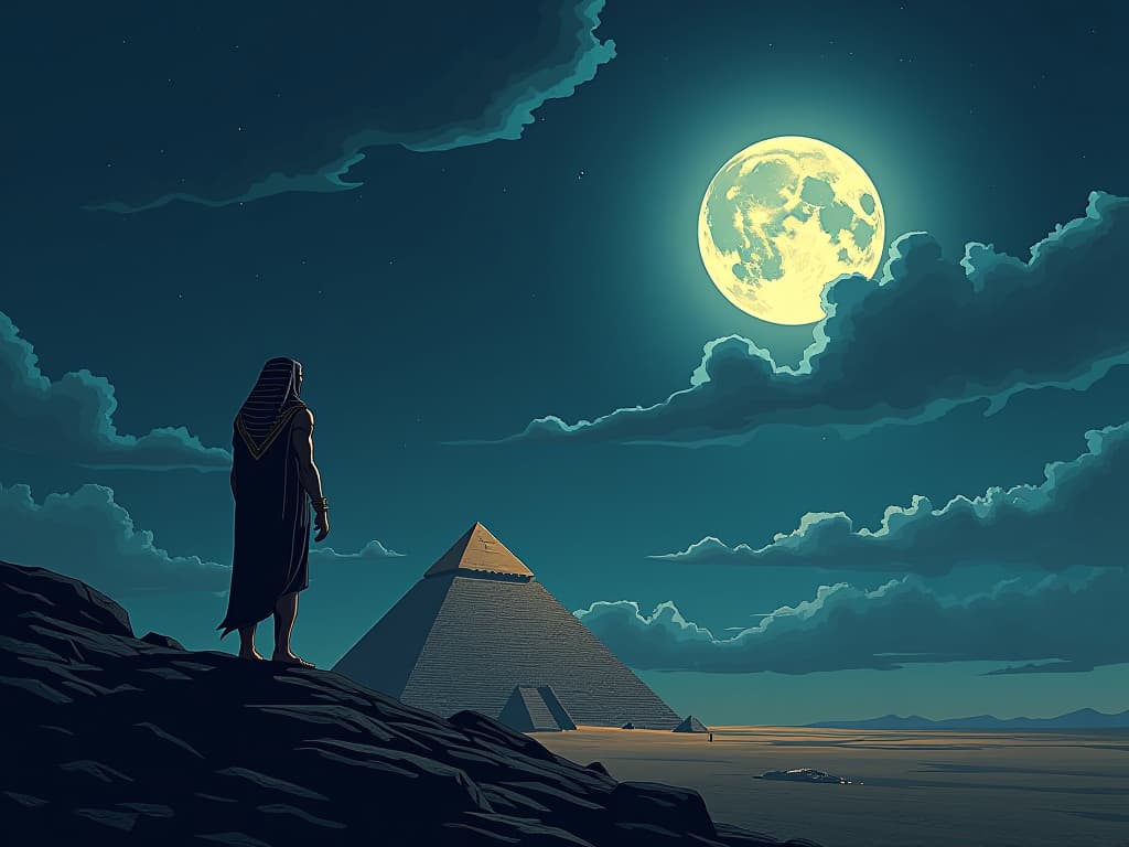  full moon, luminous glow, night sky, stars scattered across the heavens, ancient egyptian pyramid in the foreground, aura of mystical energy, tranquil and enigmatic mood. the style is digital art illustration / modern comic book / mysterious occult, symbolic, esoteric vibe,high detail on character design, incorporating ancient egyptian symbology and attire.