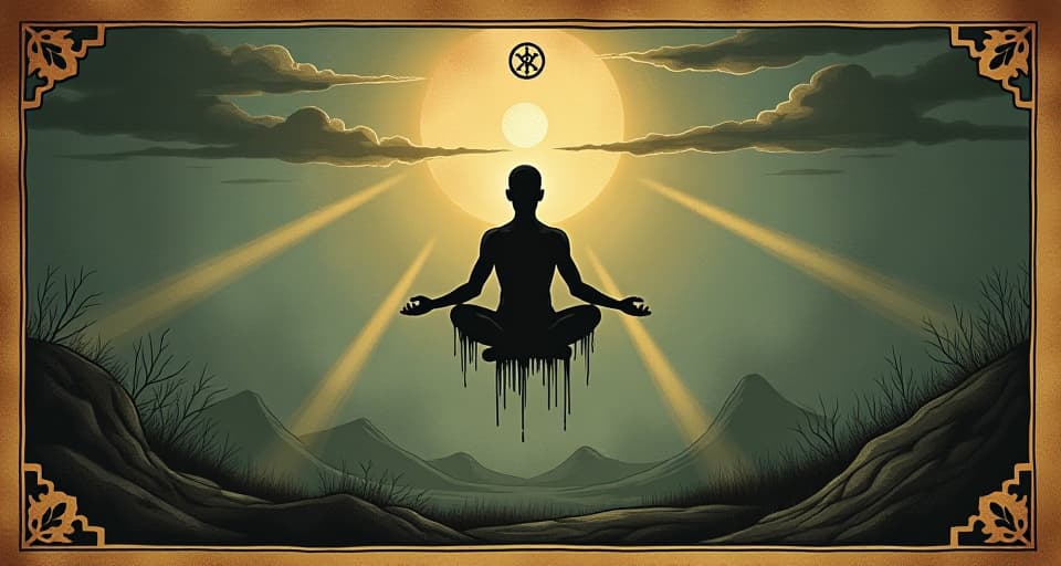  image of figure meditating, floating above ground, light streaming from body, still, peaceful surroundings, intrinsic power, natural state. an illustration in the style of a worn, mystical old tarot trump card, mysterious and elements of surrealism. the colors are muted, somber and eerie, but with contrast bring out an occult and esoteric vibe.