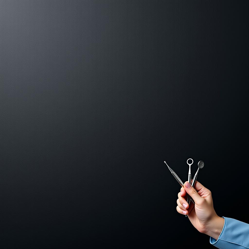  a dark, uniform background with a small dentist's hand holding dental instruments in the lower right corner.