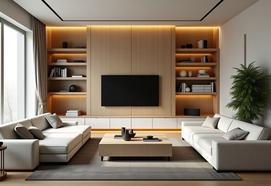  a landscape photo of an organized minimalist living room showcasing innovative vertical storage solutions, floating shelves, and built in cabinets that blend seamlessly with the walls hyperrealistic, full body, detailed clothing, highly detailed, cinematic lighting, stunningly beautiful, intricate, sharp focus, f/1. 8, 85mm, (centered image composition), (professionally color graded), ((bright soft diffused light)), volumetric fog, trending on instagram, trending on tumblr, HDR 4K, 8K