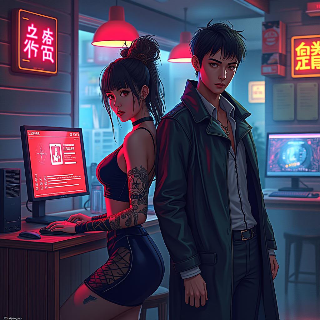  portrait, facing camera, two people, cyberpunk woman and man, large busted and in form fitting attire, absorbing the energy of the cyber cafe. the style is digital art illustration / modern comic book / mysterious occult, symbolic, esoteric vibe,high detail on character design, incorporating cyberpunk asian attire. hyperrealistic, full body, detailed clothing, highly detailed, cinematic lighting, stunningly beautiful, intricate, sharp focus, f/1. 8, 85mm, (centered image composition), (professionally color graded), ((bright soft diffused light)), volumetric fog, trending on instagram, trending on tumblr, HDR 4K, 8K