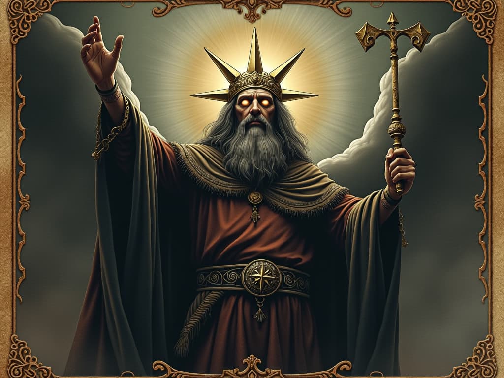  majestic figure with eyes glowing, raised arm, proclamation, demanding, confident, commanding presence. an illustration in the style of a worn, mystical old tarot trump card, mysterious and elements of surrealism. the colors are muted, somber and eerie, but with contrast bring out an occult and esoteric vibe.