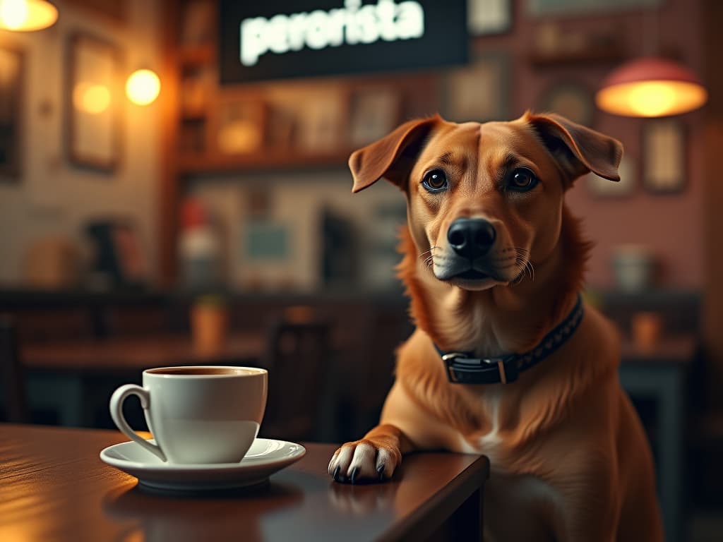  photo of a dog sitting on a table next to a cup of coffee. in the background there is a clearly visible sign that says “perrorista” hyperrealistic, full body, detailed clothing, highly detailed, cinematic lighting, stunningly beautiful, intricate, sharp focus, f/1. 8, 85mm, (centered image composition), (professionally color graded), ((bright soft diffused light)), volumetric fog, trending on instagram, trending on tumblr, HDR 4K, 8K