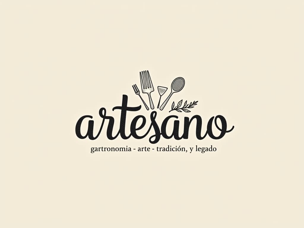  design a logo, in a pencil style. nombré de la marca “artesano” fondo con tonos claros, diseño elegante y simple con elementos de cocina, , with the text 'gastronomía, arte, tradición y legado'.