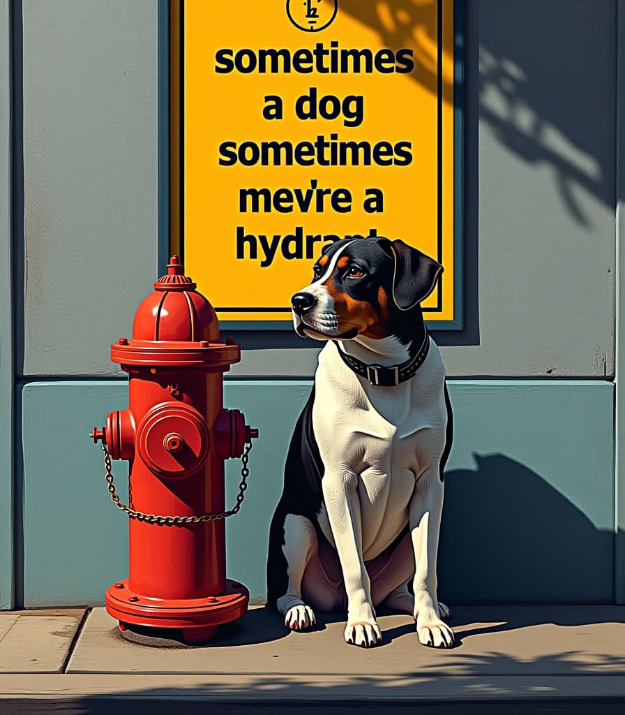  pop art style (masterpiece, oil painting), a dog sitting by a fire hydrant by the road , above a poster written in bold large print “sometimes you're a dog, sometimes you're a hydrant”, close up, high resolution, high detail . bright colors, bold outlines, popular culture themes, ironic or kitsch hyperrealistic, full body, detailed clothing, highly detailed, cinematic lighting, stunningly beautiful, intricate, sharp focus, f/1. 8, 85mm, (centered image composition), (professionally color graded), ((bright soft diffused light)), volumetric fog, trending on instagram, trending on tumblr, HDR 4K, 8K