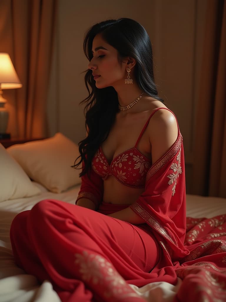  beautiful naked indian shy girl on her first wedding bed waiting for her husband, beautiful red hyperrealistic, full body, detailed clothing, highly detailed, cinematic lighting, stunningly beautiful, intricate, sharp focus, f/1. 8, 85mm, (centered image composition), (professionally color graded), ((bright soft diffused light)), volumetric fog, trending on instagram, trending on tumblr, HDR 4K, 8K