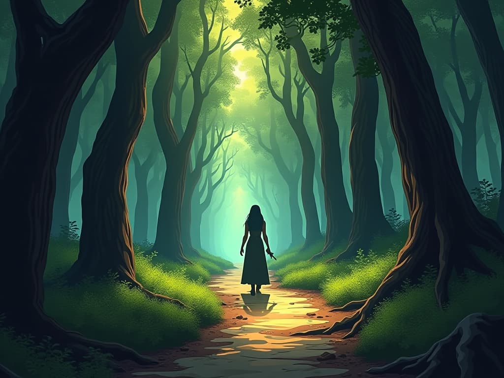  a path through a dense forest, illuminated by soft lighting, suggesting natural harmony and universal guidance. the style is digital art illustration / modern comic book / mysterious occult, symbolic, esoteric vibe,high detail on character design, incorporating ancient egyptian symbology and attire.