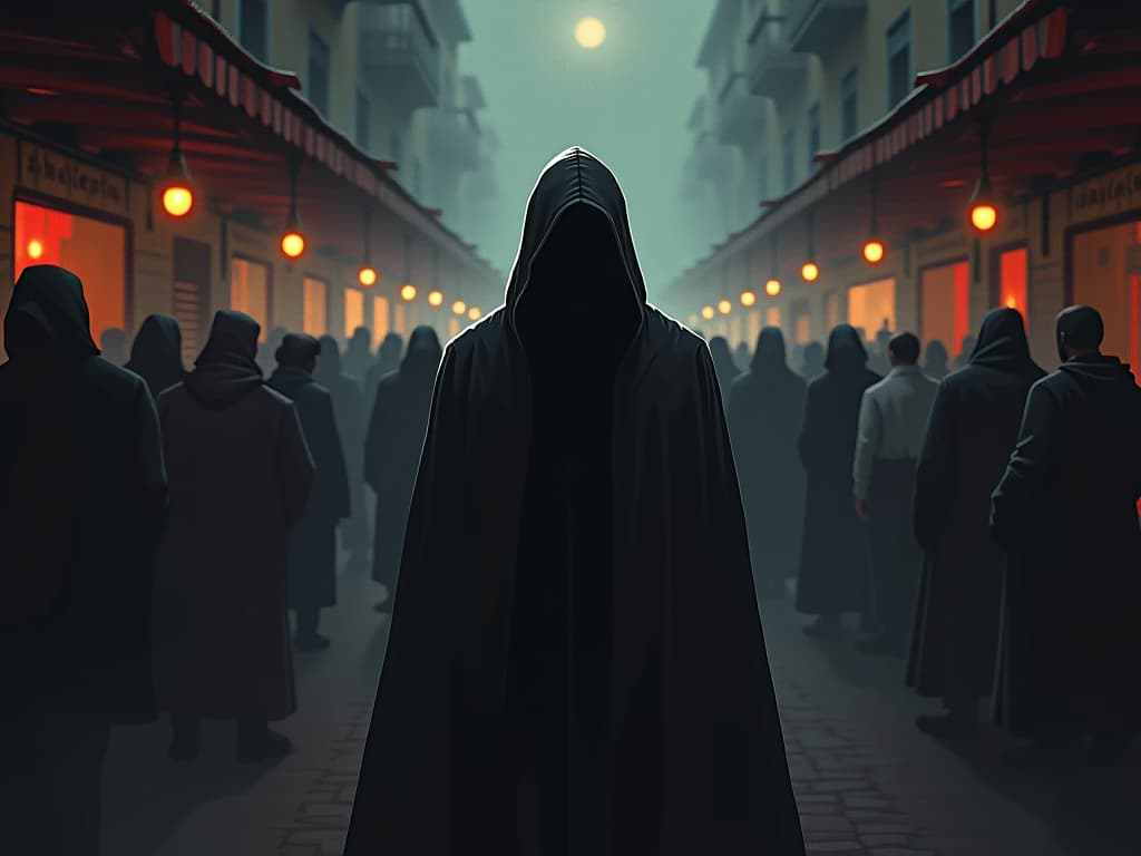  cloaked figure in a crowded marketplace, paranoid glances around, phantom accusations hovering, mood of pervasive anxiety. the style is dark fantasy and mysterious occult, symbolic, moody lighting, esoteric vibe,high detail on character design. for the color scheme emphasize blacks and reds.