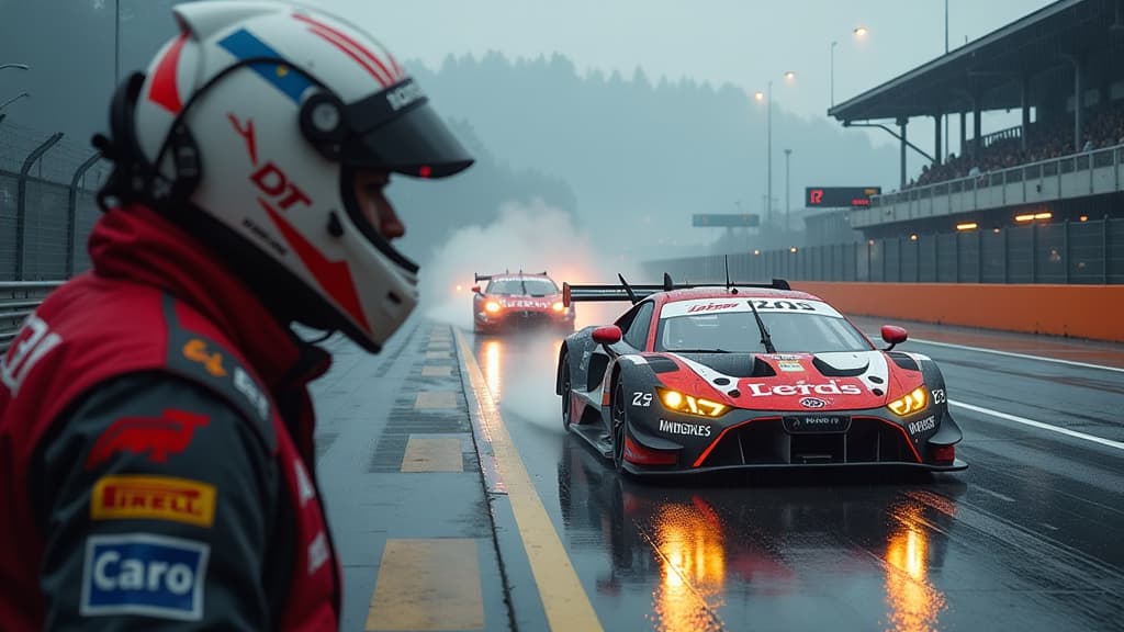  prompt: create a hyper realistic image depicting a dramatic scene from a dtm race at spielberg, focusing on the intense rivalry between kelvin van der linde and mirko bortolotti. show van der linde, visibly annoyed, confronting bortolotti amidst a backdrop of rain soaked tracks. include a detailed abt audi and a lamborghini racing car, both showcasing vibrant brand logos. portray van der linde's team members in a state of concentration and determination, working on the race car. show subtle deta