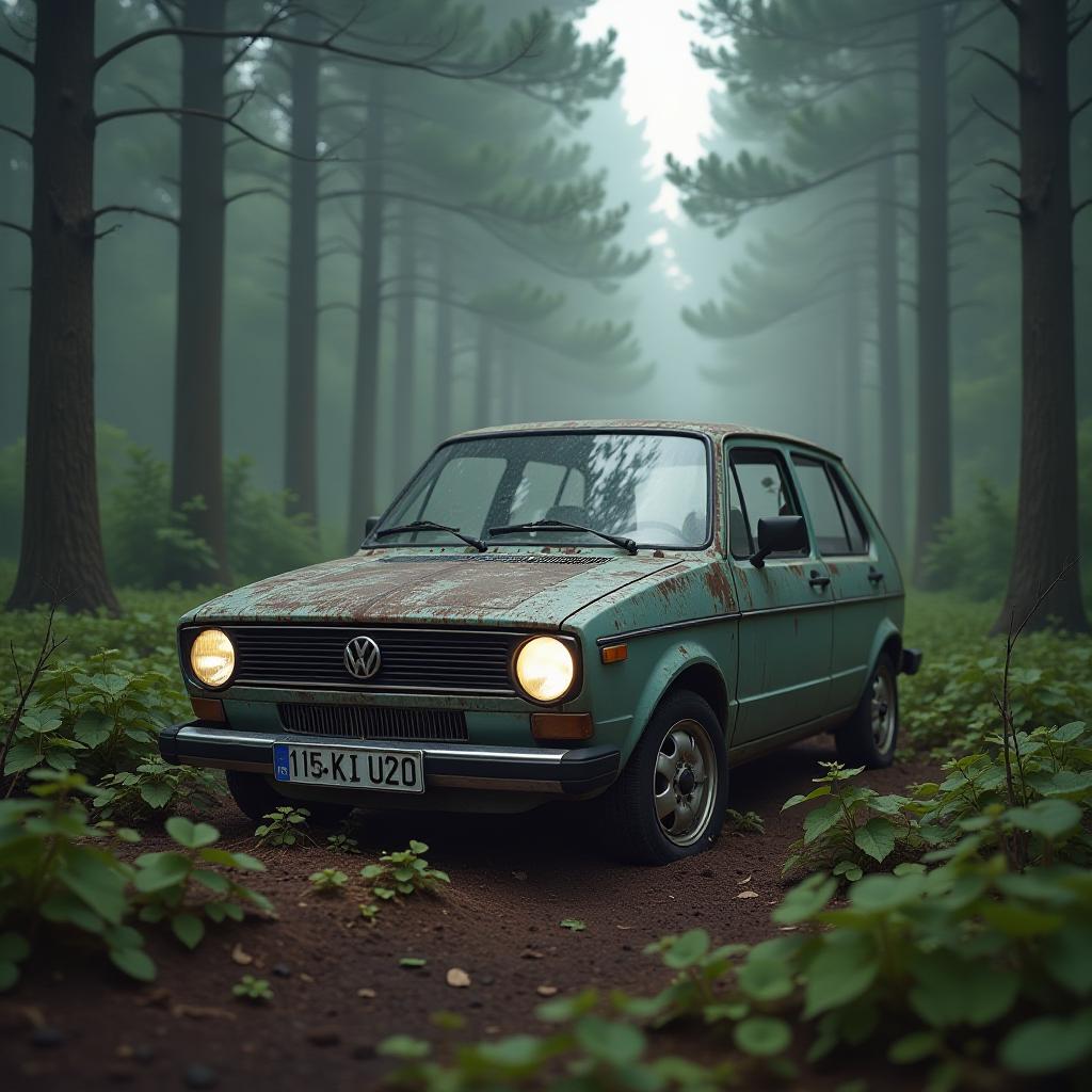  volkswagen b4 abandoned in the forest. hyperrealistic, full body, detailed clothing, highly detailed, cinematic lighting, stunningly beautiful, intricate, sharp focus, f/1. 8, 85mm, (centered image composition), (professionally color graded), ((bright soft diffused light)), volumetric fog, trending on instagram, trending on tumblr, HDR 4K, 8K