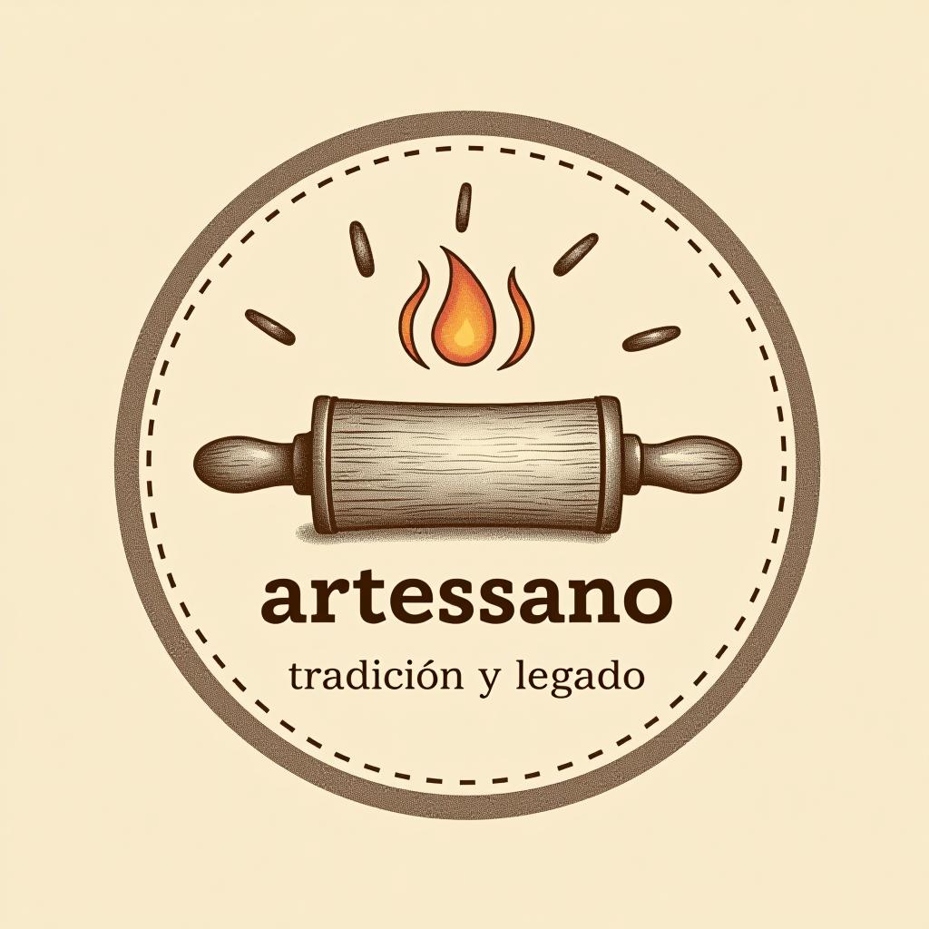  design a logo, in a pencil style. “artessano” simple and elegant design circular design light and brown tones use a rolling pin image , with the text 'tradición y legado'.