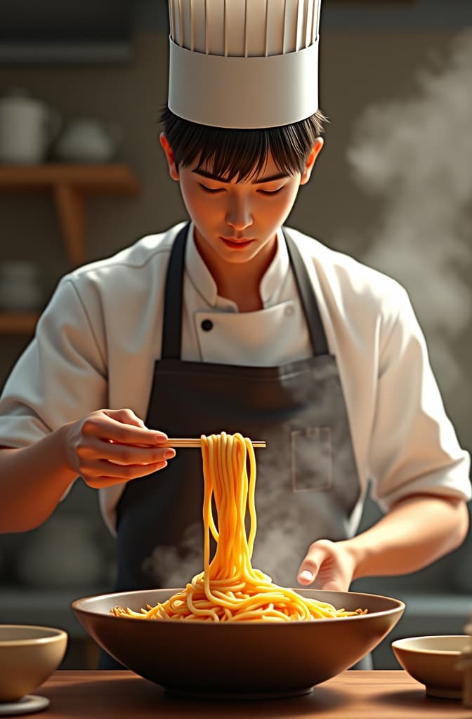  asian chef make square noodles, anime, realistic shaded perfect face, fine details. anime. realistic shaded lighting by ilya kuvshinov krenz cushart katsuhiro otomo, magali villeneuve, artgerm, rutkowski jeremy lipkin and giuseppe dangelico pino and michael garmash and rob rey hyperrealistic, full body, detailed clothing, highly detailed, cinematic lighting, stunningly beautiful, intricate, sharp focus, f/1. 8, 85mm, (centered image composition), (professionally color graded), ((bright soft diffused light)), volumetric fog, trending on instagram, trending on tumblr, HDR 4K, 8K