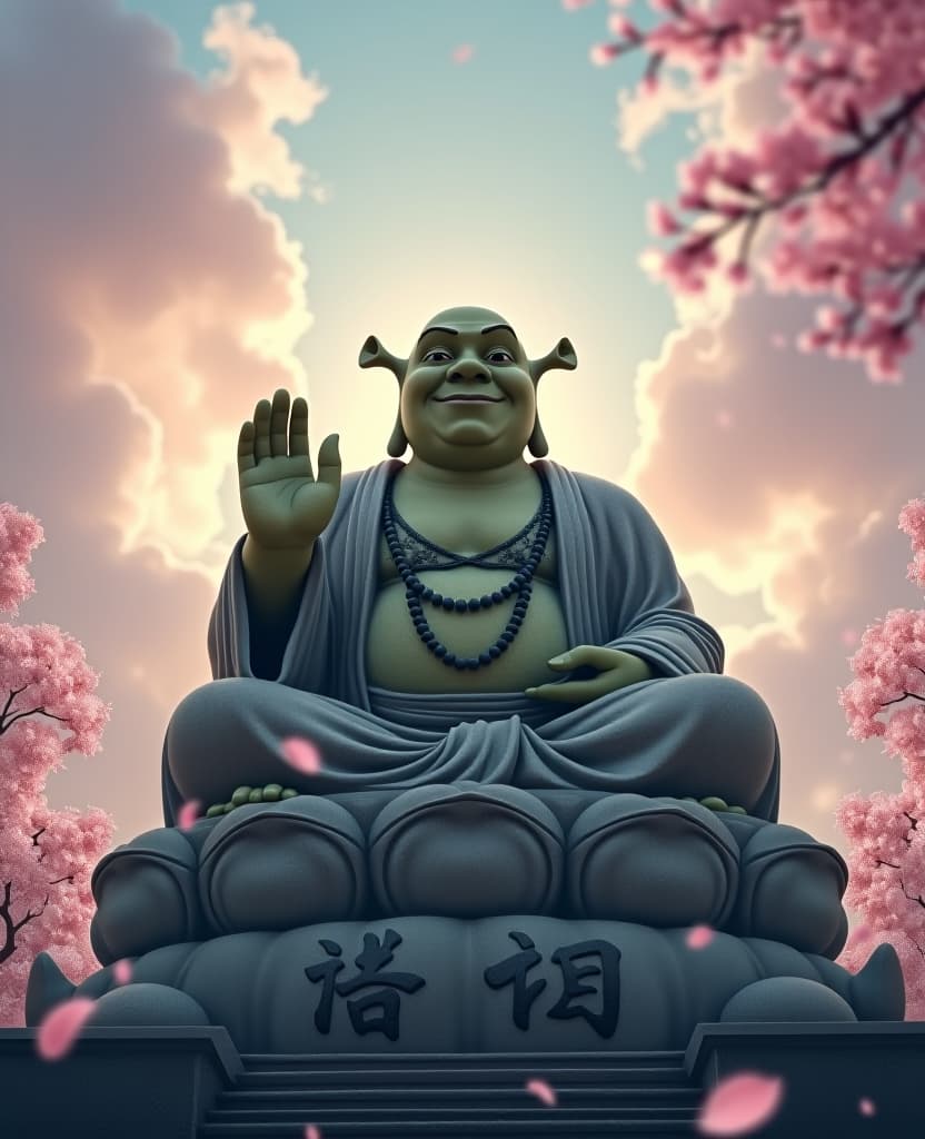  prompt: "a serene and magical scene featuring a gigantic stone statue of buddha, but with shrek's face. the statue is in a meditative pose with one hand raised and buddhist mala beads around its neck. the statue should resemble the kamakura buddha, smiling peacefully. surrounding the statue are glowing kanji characters, adding a mystical touch. cherry blossom petals are blowing in the wind, filling the air. at the top of the image, the text 'shrek is love, shrek is life' is clearly written in clouds. the skyline is beautiful, with high detail and an overall serene, masterpiece quality." hyperrealistic, full body, detailed clothing, highly detailed, cinematic lighting, stunningly beautiful, intricate, sharp focus, f/1. 8, 85mm, (centered image composition), (professionally color graded), ((bright soft diffused light)), volumetric fog, trending on instagram, trending on tumblr, HDR 4K, 8K