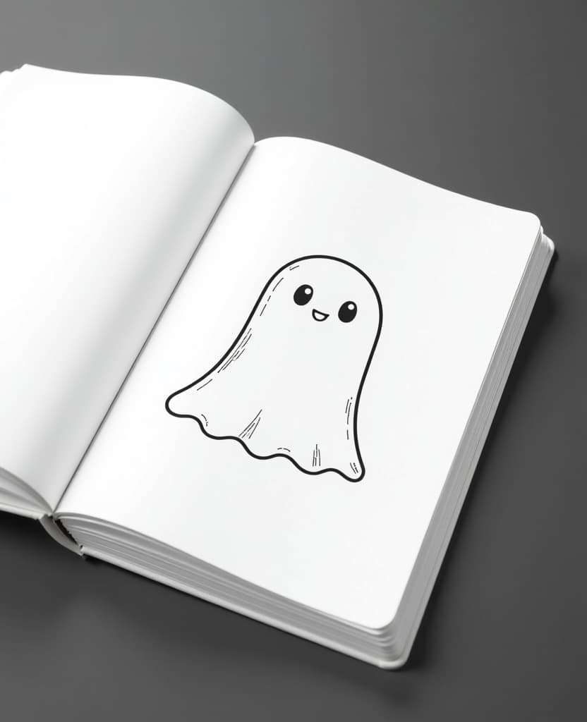  centered black and white high contrast line drawing, coloring book style,a notebook with few pages open on a dark grey surface, with a drawing of a kawaii ghost in the centre of one of the pages. the background of the open page is blank to allow for personalisation. in the middle of one of the pages of the book there is a second sheet of paper slightly tilted, with dashed lines suggesting that it is a removable, hand drawn colouring sheet, focusing on simplicity and clarity of lines, perfect for colouring., monochrome, blank white background