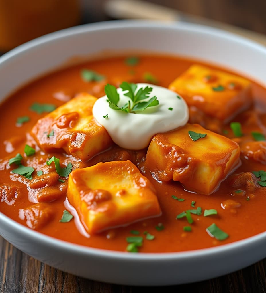  paneer tikka masala dish with no sides. cream on top. served in a white bowl. the image must look natural like what you see on a restaurant menu website that a guest might take a picture of. no cartoonish features., high quality, high details, hd, perfect composition, 4k epic detailed, highly detailed, sharp focus, high resolution