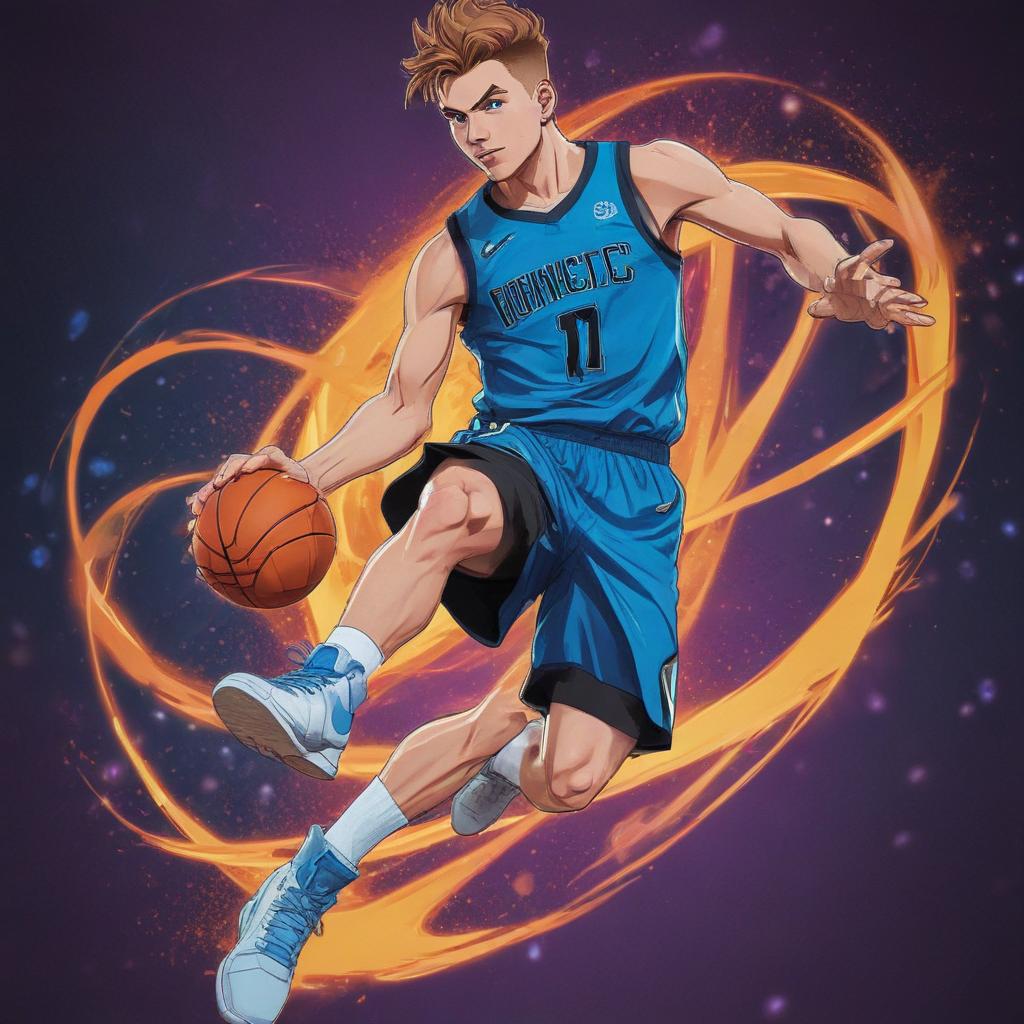 distance-shot, flashy, full-body, dynamic, holographic, animated cartoon poster of luka doncic in the style of dragon ball super