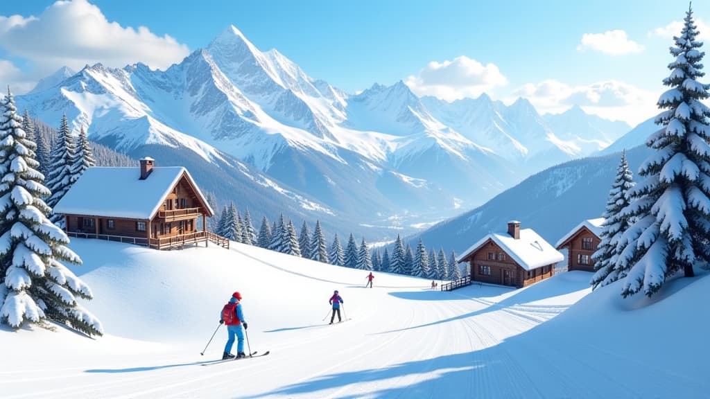  prompt: create a hyper realistic image of a picturesque austrian ski resort catering to beginners. the scene should feature majestic alps in the background, with well trained ski instructors guiding beginners on specially designed practice areas. show beginners making their first turns on gentle slopes, gradually progressing to slightly more challenging descents. include colorful ski equipment, cozy alpine huts, and traditional restaurants to capture the authentic atmosphere. ensure prominent lo