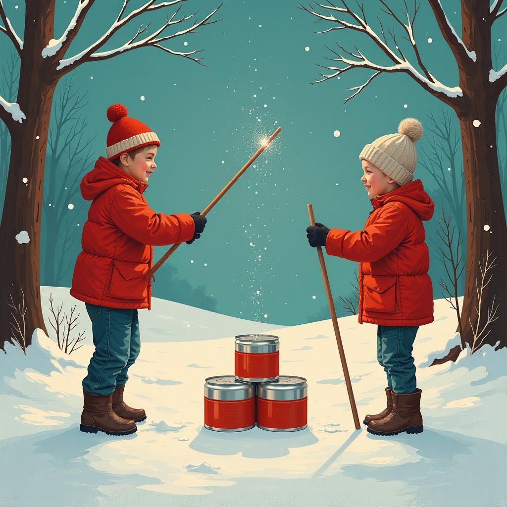  art deco style painting. oil painting. vector image. a sunny winter day. children throw sticks at a stack of three small cans located in the depth of the image near which a boy with a stick stands. a happy atmosphere. surikov style. . geometric shapes, bold colors, luxurious, elegant, decorative, symmetrical, ornate, detailed