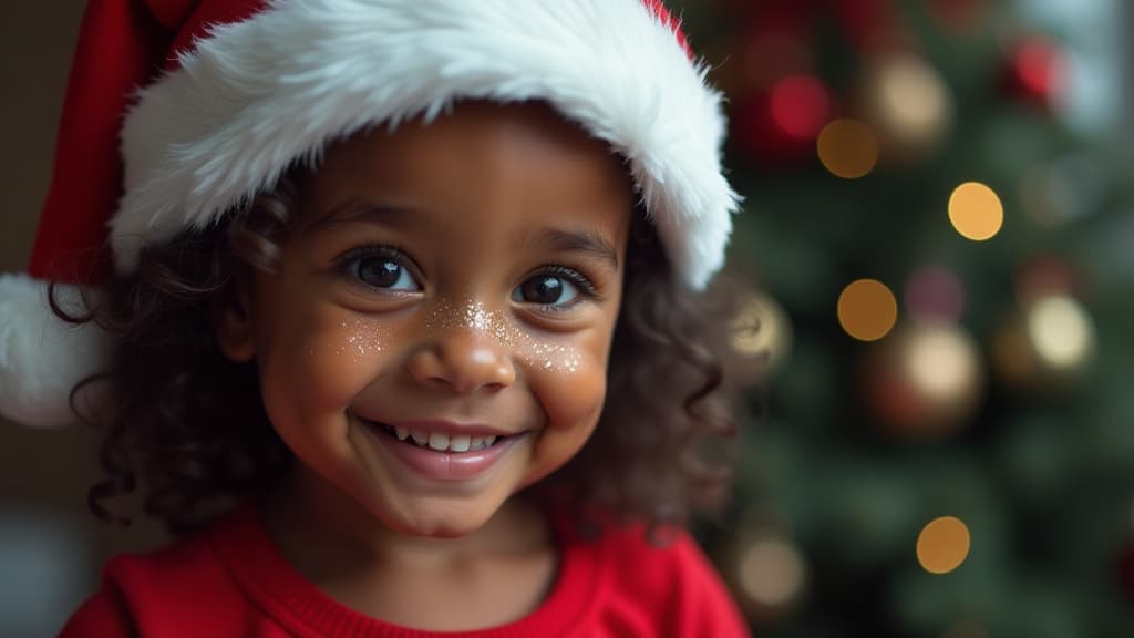  professional detailed photography, little cute dark skinned girl in santa hat with glitter on her face, looking at camera and smiling, empty space for text on the right, close up ar 16:9, (muted colors, dim colors, soothing tones), (vsco:0.3)