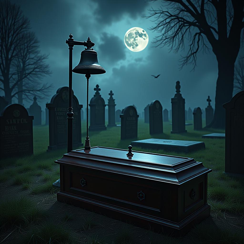  create a high quality, photorealistic image that vividly depicts the following scene: an eerie, gothic cemetery from the 18th century, cast under the celestial light of a foreboding moon with threatening clouds. the frame focuses on an unsettled burial site, home to a glossy mahogany casket imperfectly sealed, revealing an attached cord ending with an ancient, corroded bell that stands solitary amidst the chaos. labyrinth of tombstones with weathered engravings are scattered about, hinting at long lost histories. the image is a grim, mysteriously appealing blend of uneasiness, fear, and the eeriness of the 'saved by the bell' folklore. the scene is snapped on a canon eos r3, with settings at f/1.4, iso 200, 1/160s, in 8k raw, providing hyperrealistic, full body, detailed clothing, highly detailed, cinematic lighting, stunningly beautiful, intricate, sharp focus, f/1. 8, 85mm, (centered image composition), (professionally color graded), ((bright soft diffused light)), volumetric fog, trending on instagram, trending on tumblr, HDR 4K, 8K