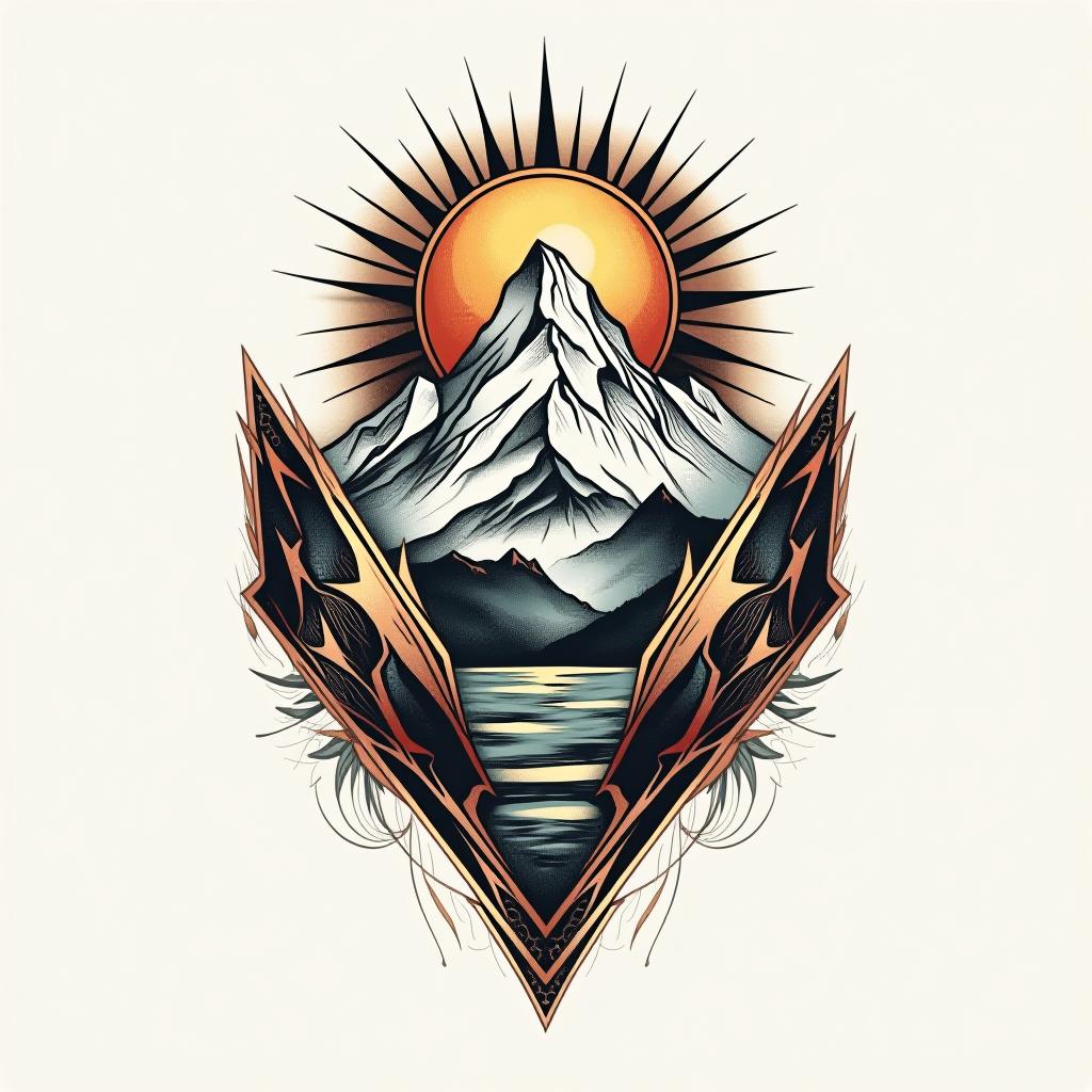  create a tattoo design, mountain with sun, white background