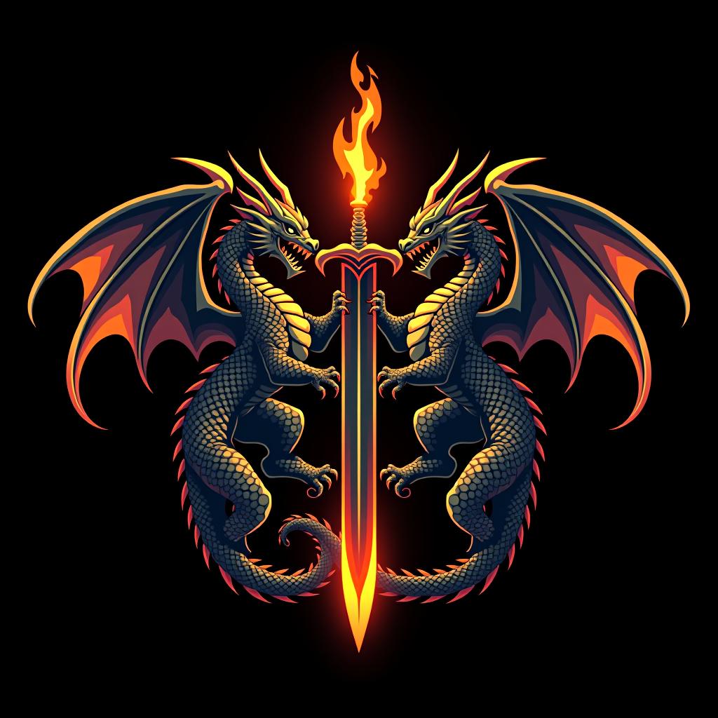  design a logo, custom sticker design on an isolated black background decorated by mythical dragons and a flaming sword