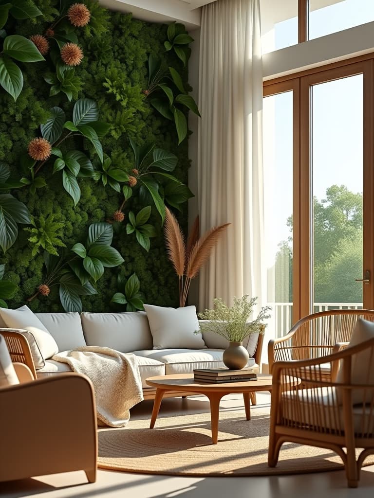  high quality portrait photo of a bright, airy living room with a vertical garden wall, rattan furniture, and light flowing curtains, photographed from a low angle to emphasize height and openness hyperrealistic, full body, detailed clothing, highly detailed, cinematic lighting, stunningly beautiful, intricate, sharp focus, f/1. 8, 85mm, (centered image composition), (professionally color graded), ((bright soft diffused light)), volumetric fog, trending on instagram, trending on tumblr, HDR 4K, 8K