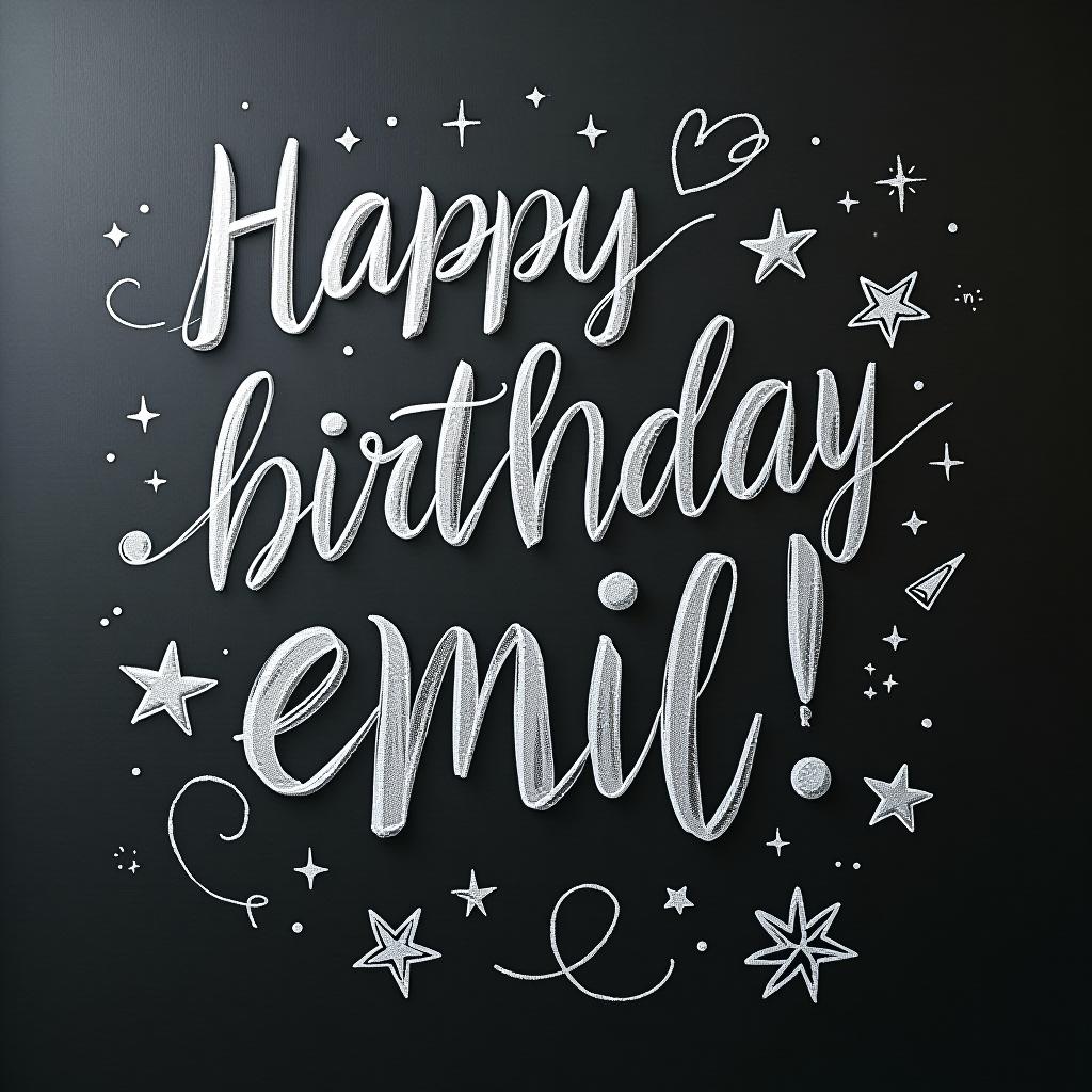  chalkboard art with "happy birthday emil!" written in various decorative fonts and surrounded by hand drawn party doodles hyperrealistic, full body, detailed clothing, highly detailed, cinematic lighting, stunningly beautiful, intricate, sharp focus, f/1. 8, 85mm, (centered image composition), (professionally color graded), ((bright soft diffused light)), volumetric fog, trending on instagram, trending on tumblr, HDR 4K, 8K