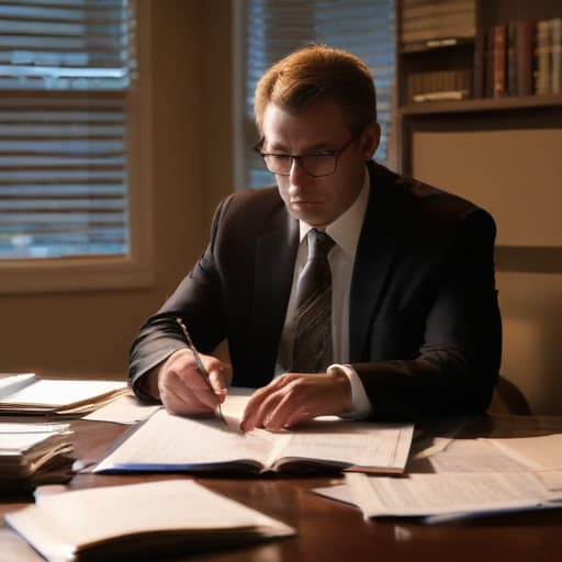 A photo of a car accident attorney meticulously analyzing case files in a dimly lit law office in the late evening, with a single spotlight casting dramatic shadows across the room.