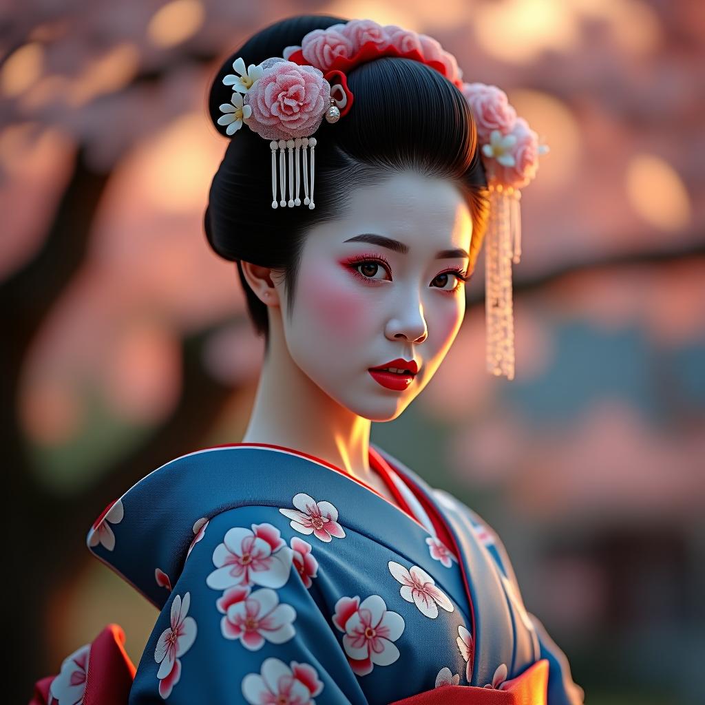  score 9, score 8 up, score 7 up, score 6 up, score 5 up, score 4 up, asian , 1, japanese geisha, updo, looking at viewer, small pink s, large s, 20 year, face close up, half body portrait, big brown eyes, nihongami, modest, viewer, hearts, posing, pose, solo, blue floral kimono, off shoulder, bonsai, sakura, worried, blushing, cow position, cherry blossom, , sunset, cinematic lighting, semi realistic, side view, (young:1.2), wild , semi realistic, imminent , blushing, open mouth, squatting, bouncing hard hyperrealistic, full body, detailed clothing, highly detailed, cinematic lighting, stunningly beautiful, intricate, sharp focus, f/1. 8, 85mm, (centered image composition), (professionally color graded), ((bright soft diffused light)), volumetric fog, trending on instagram, trending on tumblr, HDR 4K, 8K