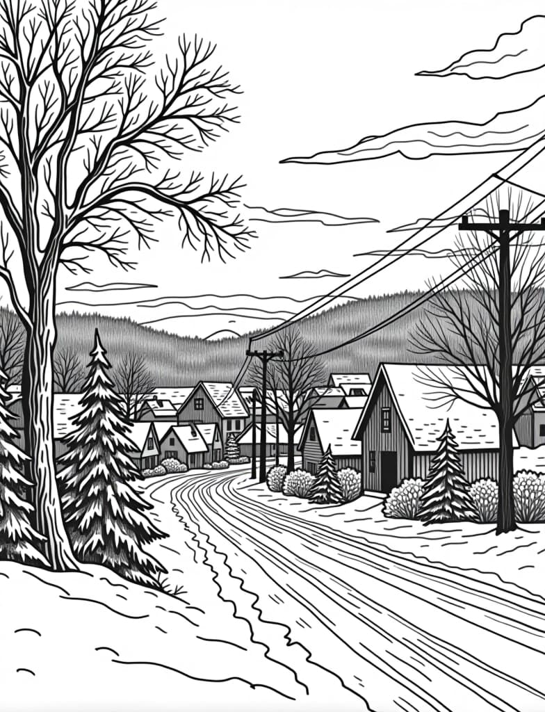  this is for an adult coloring page. a detailed black and white line art of a snowy winter sunrise over a snow covered town on a solid white background.