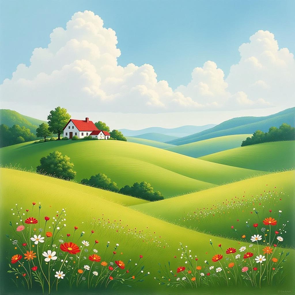  a serene rural landscape depicted in impressionist style, featuring soft brush strokes that create a harmonious blend of colors. the scene includes rolling green hills, blooming wildflowers, and a quaint farmhouse nestled under a vast, cloudy sky. gentle rays of sunlight illuminate the fields, enhancing the calm and idyllic atmosphere of the countryside.