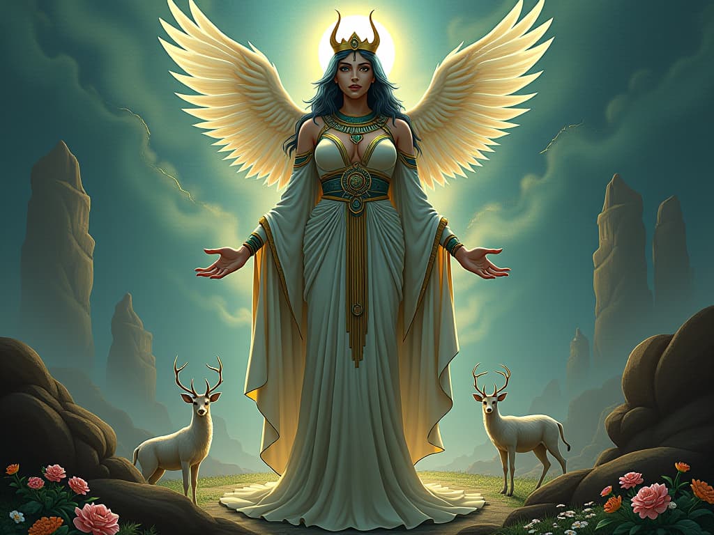  a large busted goddess in an ethereal, flowing gown, radiating a pulsating aura, her presence reviving the land around her, with flowers blooming and wildlife appearing, symbolizing positivity and vitality. the style is digital art illustration / modern comic book / mysterious occult, symbolic, esoteric vibe,high detail on character design, incorporating ancient egyptian symbology and attire.