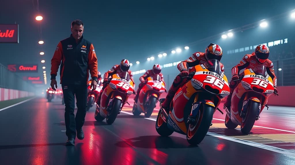  create an ultra realistic image showcasing the transition at ktm: from francesco guidotti to the new team manager for the 2025 season. feature a dynamic racing scene with ktm's red bull factory team in action. include guidotti stepping aside, symbolizing his departure, and a shadowy figure representing the new manager's impending arrival. show ktm's logos prominently on the team's gear and bikes. use dramatic lighting to evoke a sense of change and anticipation, with vibrant colors to highlight