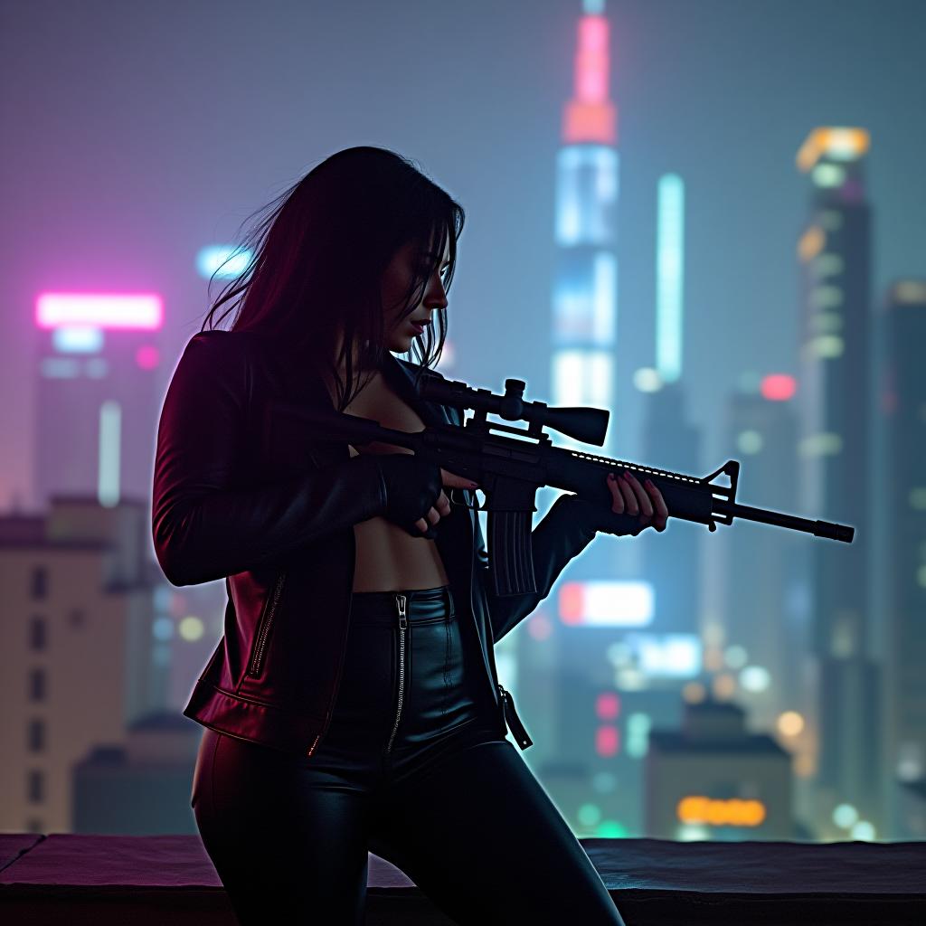  a rooftop shot of a latina woman, exposing her well endowed figure, wrapped in tight leather as she holds a sniper rifle against the backdrop of neon drenched, cyberpunk cityscape. shot using a sony a7r iv coupled with a 70 200mm f/2.8 gm oss ii lens for incredible zoom and detail clarity. hyperrealistic, full body, detailed clothing, highly detailed, cinematic lighting, stunningly beautiful, intricate, sharp focus, f/1. 8, 85mm, (centered image composition), (professionally color graded), ((bright soft diffused light)), volumetric fog, trending on instagram, trending on tumblr, HDR 4K, 8K