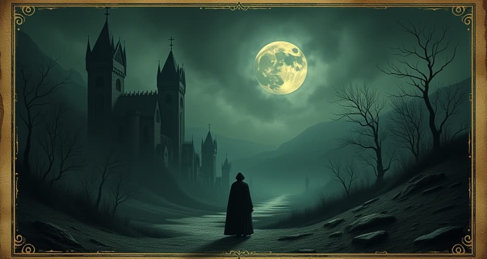  world cloaked in darkness, shadowed landscapes, faint outlines of structures, pervasive gloom, deceitful atmosphere. an illustration in the style of a worn, mystical old tarot trump card, mysterious and elements of surrealism. the colors are muted, somber and eerie, but with contrast bring out an occult and esoteric vibe.