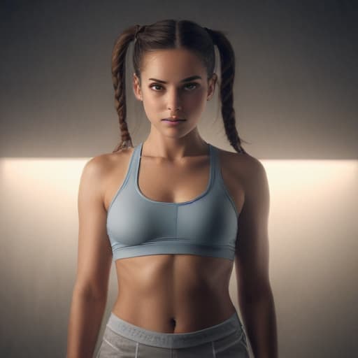 an ultra realistic photo of beautiful woman, pigtails hairstyle, in with nude clothing, athlete with small tits, two person symmetrical balance, in-frame hyperrealistic, full body, detailed clothing, highly detailed, cinematic lighting, stunningly beautiful, intricate, sharp focus, f/1. 8, 85mm, (centered image composition), (professionally color graded), ((bright soft diffused light)), volumetric fog, trending on instagram, trending on tumblr, HDR 4K, 8K