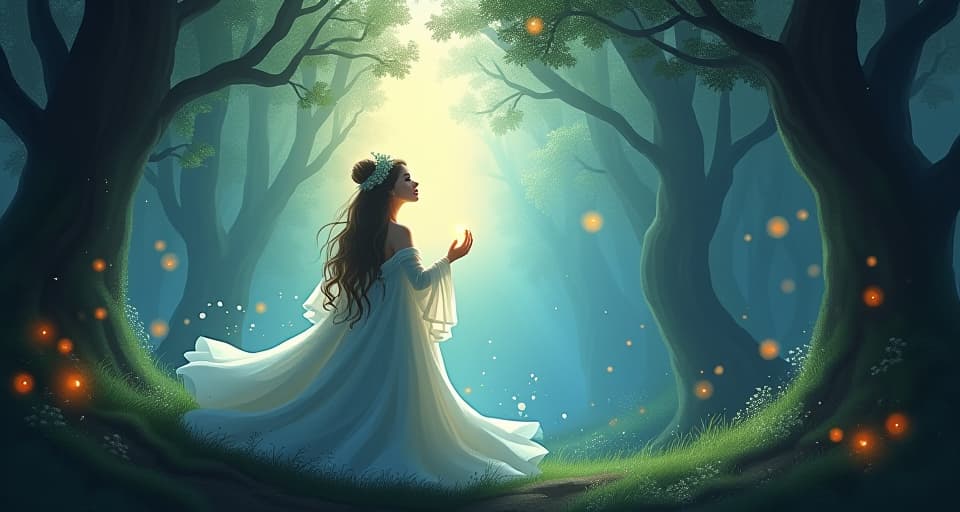  an enchanting forest with an ethereal figure enveloped in a radiant light, their expression contemplative. whispering winds and soft glowing orbs signify the ever present divine voice.. the style is digital art illustration,highly detailed, whimsical,magical, dreamlike atmosphere, realism and fantasy blend, smooth, glossy textures,luminous quality, wonder and enchantment.