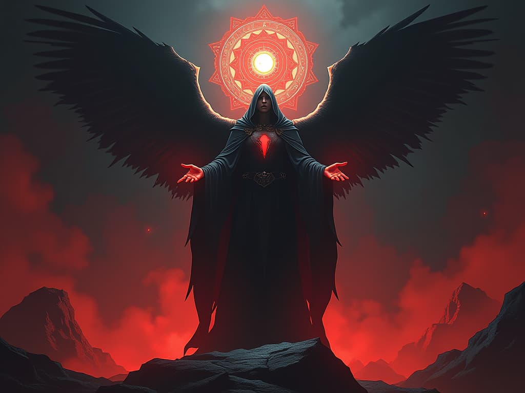  figure standing tall, surrounded by symbols of strength, light emanating, mood of affirmation. the style is digital art illustration / modern comic book / graphic dark novel fantasy and mysterious occult, symbolic, moody lighting, esoteric vibe,high detail on character design. for the color scheme emphasize blacks and reds.